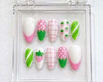 Strawberry Gingham Press On Nails, Pink Green Summer Fruit Set