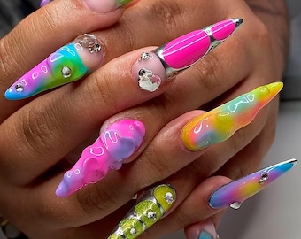 Pride Press On Nails, Rainbow Chrome Stiletto, 3D Nail Art