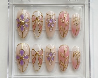 Pastel Floral Bow Almond Press On Nails, Gold Stained Glass Spring Nail Art