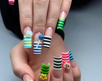 Rainbow Striped Press On Nails, 3D Candy Charms, Funky Square Handmade Set
