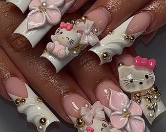 3D Kitty Press On Nails, Floral Bow Pearl Coquette Handmade Nail Set