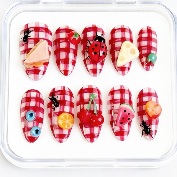 Red Gingham Fruit Nails, 3D Cherry Strawberry Picnic Set