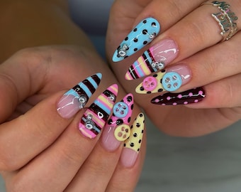 Y2K Candy Press-On Nails – Polka Dot, Stripe, Button Art (Handmade Set)