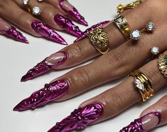 Hot Pink Chrome Stiletto Nails, Sculpted Floral Press On Set