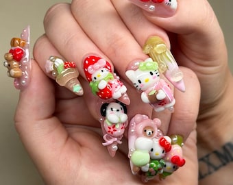 3D Kawaii Cat Strawberry Press On Nails, Pastel Character Art Set