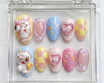 3D Cartoon Puppy Press On Nails, Pastel Y2K Dog Nail Set, Kawaii Spring Nails