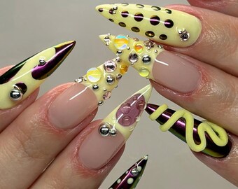 Pastel Yellow 3D Sculpted Press On Nails | Jelly Bead Metallic Abstract Stiletto Set