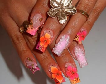 3D Hibiscus Flower Press On Nails, Tropical Island Summer Nails