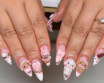 Sugar Bunnies Press On Nails, 3D Bunny Lamb, Kawaii Candy Almond Nails