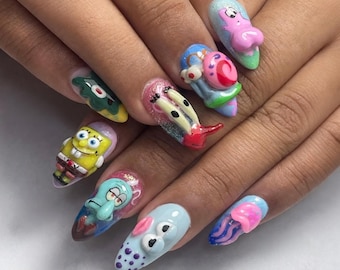 Handmade Cartoon Ocean Press On Nails, 3D Sea Characters, Kawaii Almond Set