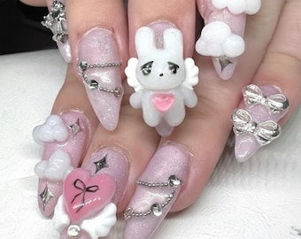 3D Bunny Press On Nails, Pink Angel Wings, Kawaii Fairycore Set
