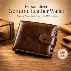 Pode incluir: Uma carteira de couro castanho com o nome "Janna" gravado na frente. A carteira está fechada e tem um fecho de pressão. O texto "Personalized Genuine Leather Wallet" está na parte superior da imagem, com "Custom Name Engraving • RFID Protection" abaixo.