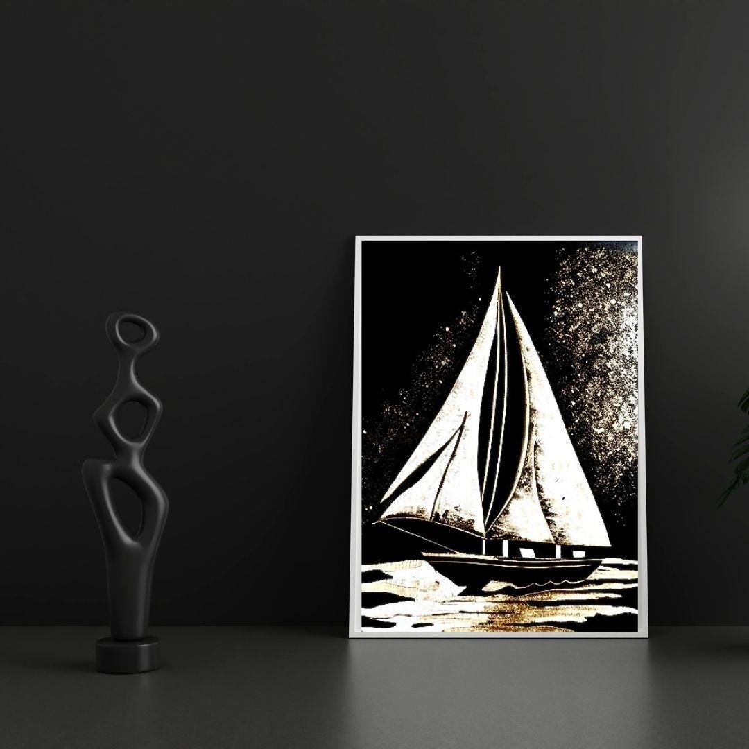 Black and White Sailboat Art Print | Gold Abstract Seascape - Etsy