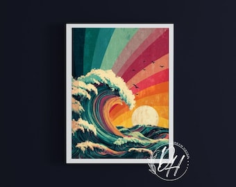 Retro Vintage Sunset Ocean Matte Vertical Poster | Colorful Beach Wall Art