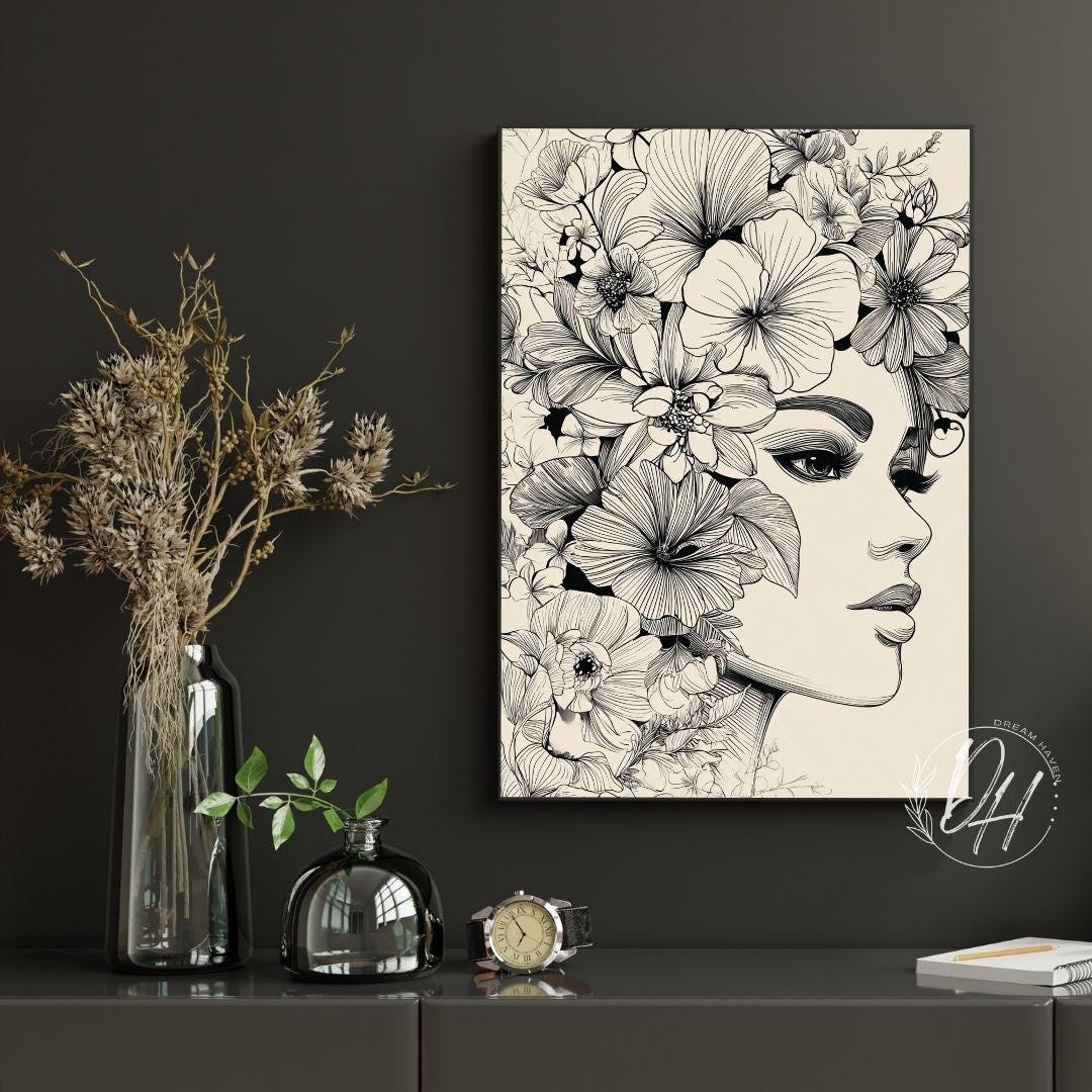 Floral Woman Line Art Print, Botanical Portrait, Minimalist Decor ...