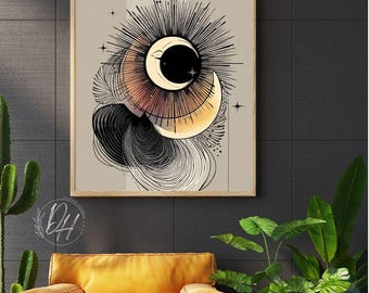 Abstract Eclipse Moon Art Print, Modern Boho Spiritual Decor