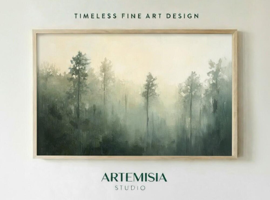 Misty Forest Landscape Art Print, Foggy Woodland Painting, Nature Wall ...