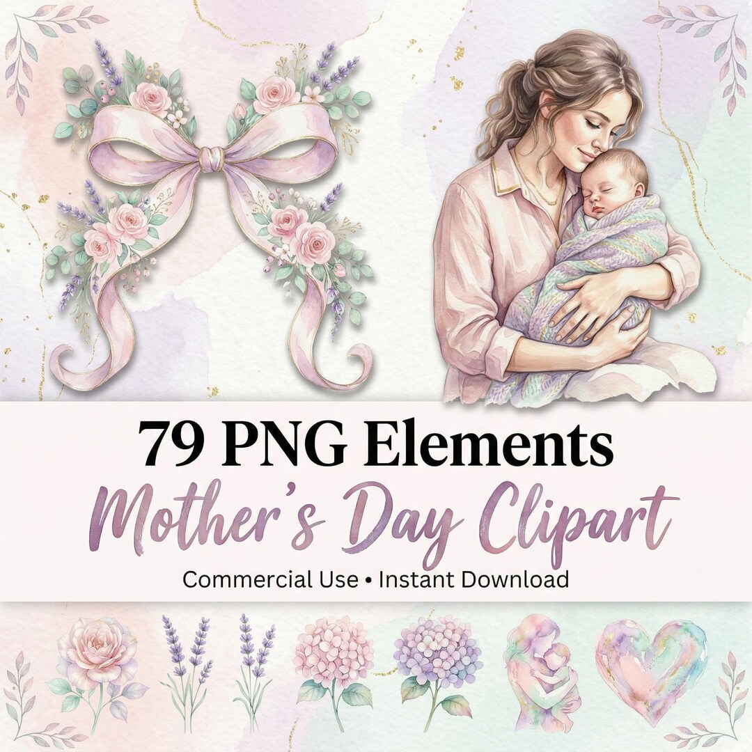 Mother's Day Watercolor Clipart Bundle 79 PNG Floral Mom Graphics ...