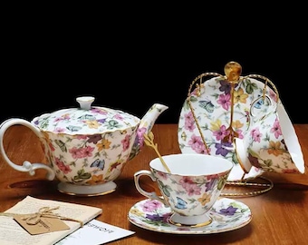 Servizio da tè in ceramica in stile europeo / Servizio da caffè in ceramica vintage con decorazioni floreali / Tazza e piattino in ceramica / Servizio da tè pomeridiano / Regalo per la festa della mamma