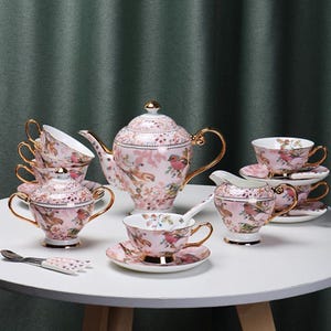 Juego de café de cerámica con flores y pájaros en rosa/Taza y platillo de porcelana china/Juego de té pintado a mano con borde dorado/Juego de té de la tarde/Juego de té floral