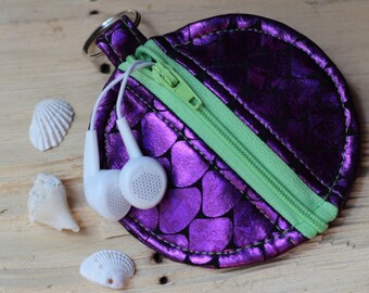 Earbud case earbud holderearbud pouch coin purse jewelry bag in purple mermaid scales with green zipper