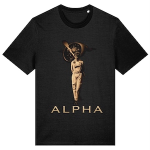 May include: Dark gray t-shirt featuring a sepia-toned graphic of a person with a propeller head and the word "ALPHA" in gold lettering. The shirt has a black collar and sleeves.