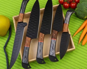 Hand-Forged Damascus Steel Chef Knife Set with Leather Sheath