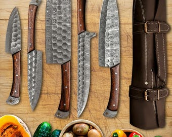 Handmade Damascus Steel Chef Knife Set: Kitchen Knives with Leather Roll