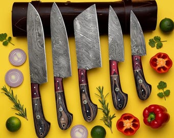 Handmade Damascus Chef Knife Set - 5-Pc Professional Kitchen Knives with Leather Roll