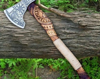 Hand-Forged Viking Axe: Carbon Steel, Rosewood Shaft, Leather Sheath