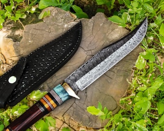 Handmade Damascus Steel Bowie Knife - Viking Hunting Knife with Leather Sheath