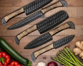 Hand-Forged Damascus Steel Chef Knife Set: 5-Piece with Leather Roll