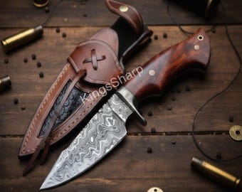 Handmade Damascus Steel Bowie Knife with Leather Sheath