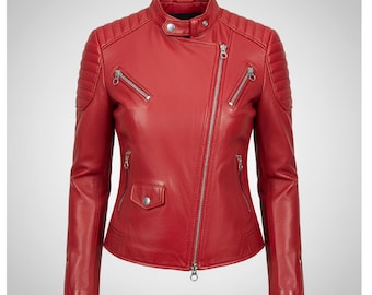 Red Leather Biker Jacket, Women's Handmade Moto Style, Genuine Leather