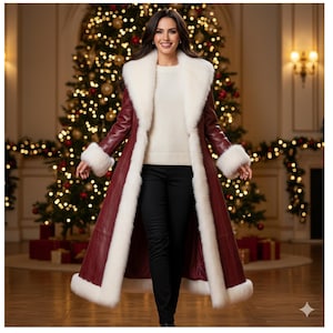 Puede incluir: Un abrigo largo burdeos con ribete de piel sintética blanca en el cuello, los puños y los bordes. El abrigo se lleva sobre un suéter color crema y pantalones negros. Un árbol de Navidad con luces y adornos está en el fondo.