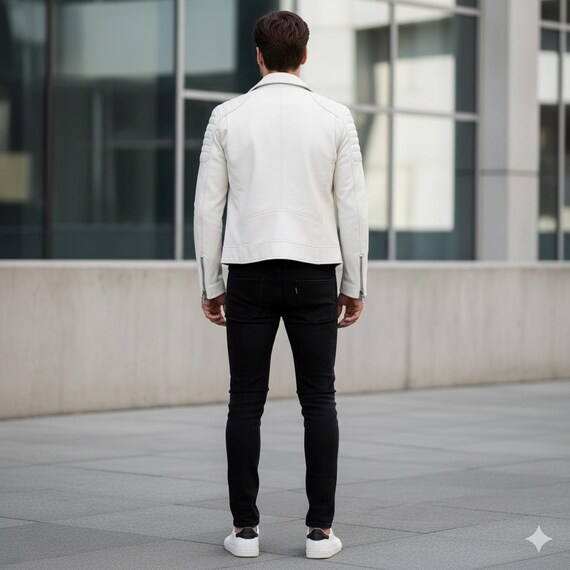 Men's White Real Leather Biker Jacket with Quilted Shoulders Men's White Real Leather Biker Jacket with Quilted Shoulders