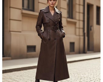 Dark Brown Leather Trench Coat | Women's Maxi Length Belted Overcoat | Classic Double Breasted Duster