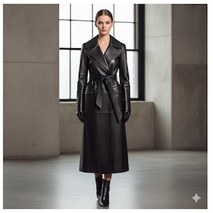 Svart läderomslags-trenchcoat - Maxijacka med knytning i midjan