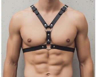 Men's Leather Chest Harness | Adjustable Body Strap with O-Rings | Black Leather Fetish Gear