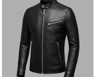 Black Leather Cafe Racer Jacket: Men's Cowhide Biker Jacket