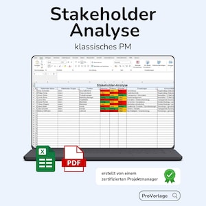 Modèle Excel d'analyse des parties prenantes – Clair et concis + Guide PDF | Modèle de gestion des parties prenantes / gestion de projet | Document d'une page à télécharger pour vos projets