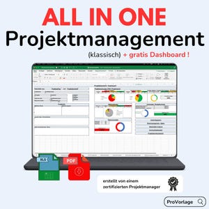 May include: A laptop screen showing a project management dashboard with charts and data. The screen displays a spreadsheet with various sections and graphs. Below the laptop are icons for XLS and PDF files. Text at the top reads "ALL IN ONE Projektmanagement".