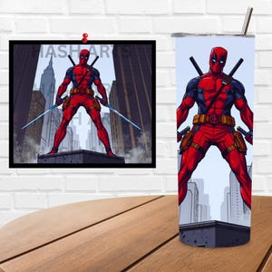 Deadpool-themed design featuring the red and black masked antihero standing heroically on a rooftop between tall city skyscrapers, holding twin katanas. Illustrated in a gritty comic style with bold outlines, dramatic shadows, and a red, black, and gray color palette. Perfect for sublimation crafting, 20oz tumblers, and superhero-themed artwork. This high-resolution digital download captures Deadpool’s iconic look and attitude in a bold, urban setting.
