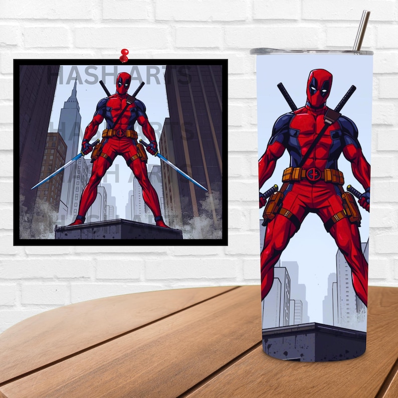 Deadpool-themed design featuring the red and black masked antihero standing heroically on a rooftop between tall city skyscrapers, holding twin katanas. Illustrated in a gritty comic style with bold outlines, dramatic shadows, and a red, black, and gray color palette. Perfect for sublimation crafting, 20oz tumblers, and superhero-themed artwork. This high-resolution digital download captures Deadpool’s iconic look and attitude in a bold, urban setting.