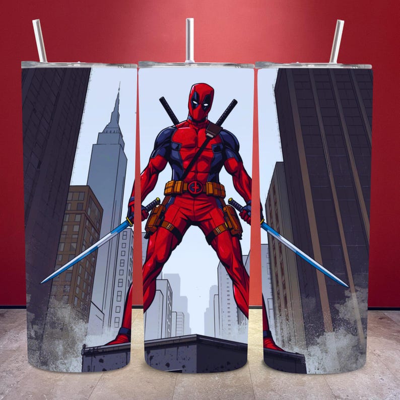 Deadpool-themed design featuring the red and black masked antihero standing heroically on a rooftop between tall city skyscrapers, holding twin katanas. Illustrated in a gritty comic style with bold outlines, dramatic shadows, and a red, black, and gray color palette. Perfect for sublimation crafting, 20oz tumblers, and superhero-themed artwork. This high-resolution digital download captures Deadpool’s iconic look and attitude in a bold, urban setting.