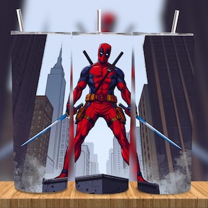 Deadpool-themed design featuring the red and black masked antihero standing heroically on a rooftop between tall city skyscrapers, holding twin katanas. Illustrated in a gritty comic style with bold outlines, dramatic shadows, and a red, black, and gray color palette. Perfect for sublimation crafting, 20oz tumblers, and superhero-themed artwork. This high-resolution digital download captures Deadpool’s iconic look and attitude in a bold, urban setting.