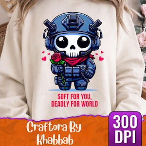 May include: Cream-colored sweatshirt featuring a cartoon skull in a blue military uniform, holding a red rose. The design includes the text "SOFT FOR YOU, DEADLY FOR WORLD" and the brand name "Craftora By Khabbab".