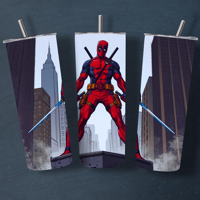 Deadpool-themed design featuring the red and black masked antihero standing heroically on a rooftop between tall city skyscrapers, holding twin katanas. Illustrated in a gritty comic style with bold outlines, dramatic shadows, and a red, black, and gray color palette. Perfect for sublimation crafting, 20oz tumblers, and superhero-themed artwork. This high-resolution digital download captures Deadpool’s iconic look and attitude in a bold, urban setting.