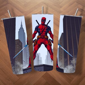 Deadpool-themed design featuring the red and black masked antihero standing heroically on a rooftop between tall city skyscrapers, holding twin katanas. Illustrated in a gritty comic style with bold outlines, dramatic shadows, and a red, black, and gray color palette. Perfect for sublimation crafting, 20oz tumblers, and superhero-themed artwork. This high-resolution digital download captures Deadpool’s iconic look and attitude in a bold, urban setting.
