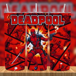 May include: A red tumbler featuring a comic book style design with the word "DEADPOOL" in bold white letters. The tumbler showcases Deadpool in various action poses, with a red and black color scheme and a straw.
